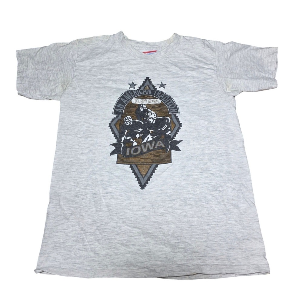 Vintage 80s Iowa Football T‎ Shirt Dodger USA Single Stitch Graphic Gray M A2